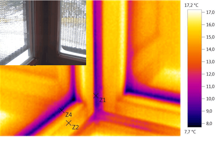 Snímek rohu okna termovizí
